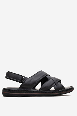 DERİCLUB Erkek Çapraz Bantlı Sandalet Gerçek Deri DC 1241 SİYAH