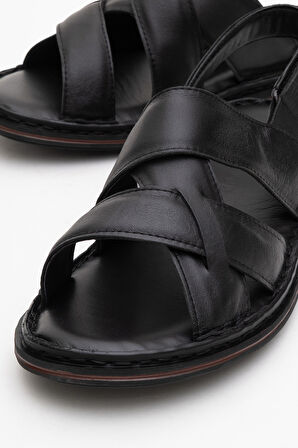 DERİCLUB Erkek Çapraz Bantlı Sandalet Gerçek Deri DC 1241 SİYAH