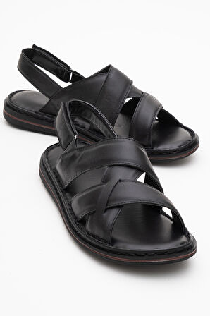 DERİCLUB Erkek Çapraz Bantlı Sandalet Gerçek Deri DC 1241 SİYAH