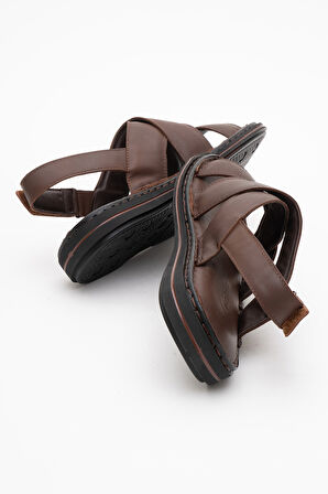 DERİCLUB Erkek Çapraz Bantlı Sandalet Gerçek Deri DC 1241 KAHVERENGİ