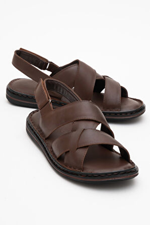 DERİCLUB Erkek Çapraz Bantlı Sandalet Gerçek Deri DC 1241 KAHVERENGİ