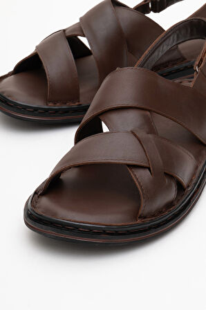 DERİCLUB Erkek Çapraz Bantlı Sandalet Gerçek Deri DC 1241 KAHVERENGİ