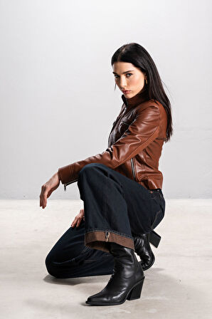 DERİCLUB Rania Kadın Dik Yaka Slimfit Gerçek Deri Mont KANYAK