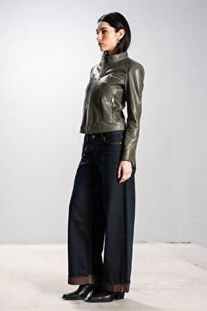 DERİCLUB Rania Kadın Dik Yaka Slimfit Gerçek Deri Mont HAKİ