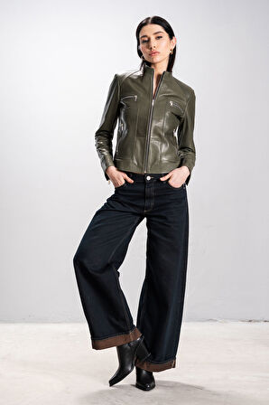 DERİCLUB Rania Kadın Dik Yaka Slimfit Gerçek Deri Mont HAKİ