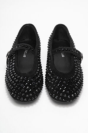 DERİCLUB Kadın Tek Bantlı Taşlı Babet Gerçek Deri RG 8032 SİYAH