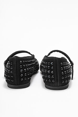 DERİCLUB Kadın Tek Bantlı Taşlı Babet Gerçek Deri RG 8032 SİYAH