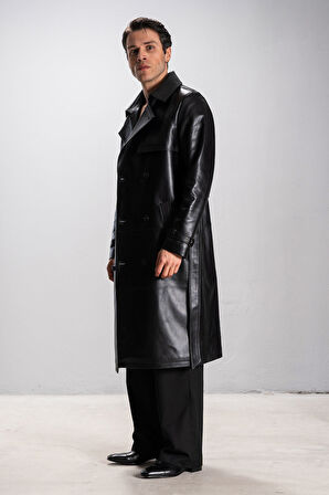 DERİCLUB Harvard Erkek Pelerinli Gerçek Deri Trençkot SİYAH