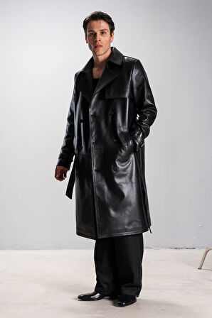 DERİCLUB Harvard Erkek Pelerinli Gerçek Deri Trençkot SİYAH