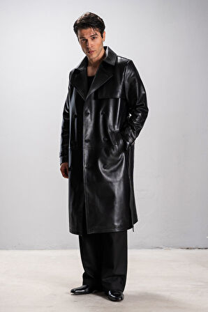 DERİCLUB Harvard Erkek Pelerinli Gerçek Deri Trençkot SİYAH