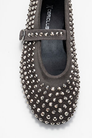 DERİCLUB Kadın Tek Bantlı Taşlı Babet Gerçek Deri RG 8032 FÜME