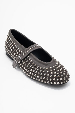 DERİCLUB Kadın Tek Bantlı Taşlı Babet Gerçek Deri RG 8032 FÜME