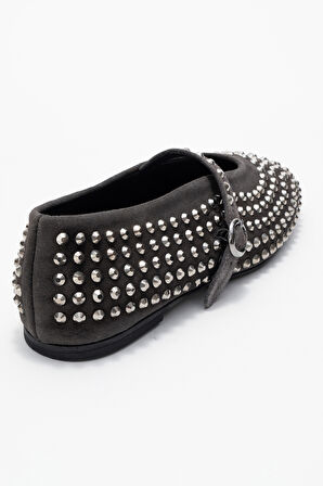 DERİCLUB Kadın Tek Bantlı Taşlı Babet Gerçek Deri RG 8032 FÜME