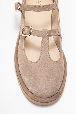 DERİCLUB Kadın Çift Tokalı Günlük Ayakkabı Gerçek Deri RC 40205 BEJ