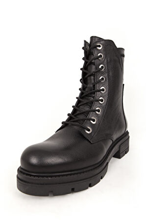 DERİCLUB Kadın Bağcıklı Kalın Taban Fermuarlı Günlük Bot Gerçek Deri BR 66286 SİYAH