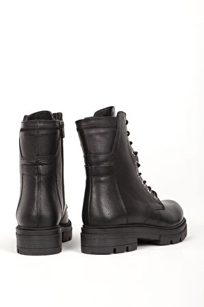 DERİCLUB Kadın Bağcıklı Kalın Taban Fermuarlı Günlük Bot Gerçek Deri BR 66286 SİYAH