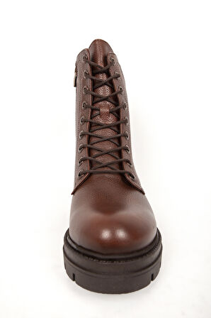 DERİCLUB Kadın Bağcıklı Kalın Taban Fermuarlı Günlük Bot Gerçek Deri BR 66286 TABA