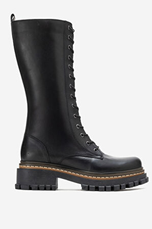 DERİCLUB Kadın Fermuarlı Bağcıklı Casual Çizme Gerçek Deri BR 88046 SİYAH