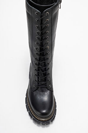 DERİCLUB Kadın Fermuarlı Bağcıklı Casual Çizme Gerçek Deri BR 88046 SİYAH