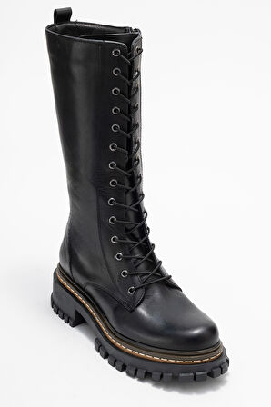 DERİCLUB Kadın Fermuarlı Bağcıklı Casual Çizme Gerçek Deri BR 88046 SİYAH