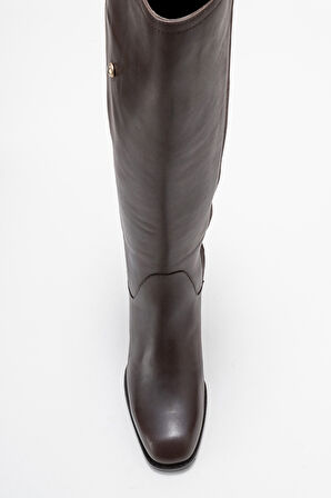 DERİCLUB Kadın Streç Lastikli Küt Burun Topuklu Çizme Gerçek Deri BR 88068 SİYAH