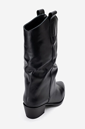 DERİCLUB Kadın Geniş Kesim Kısa Topuklu Çizme Gerçek Deri RG 3019 SİYAH