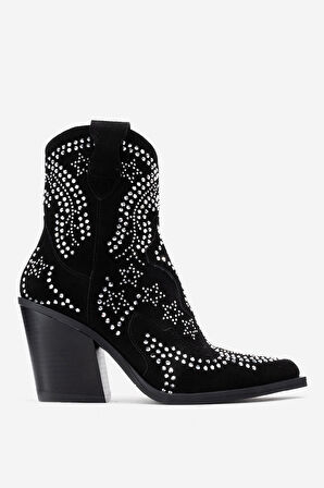 DERİCLUB Kadın Taşlı Kalın Taban Western Bot Gerçek Süet Deri ZY 1610 SİYAH