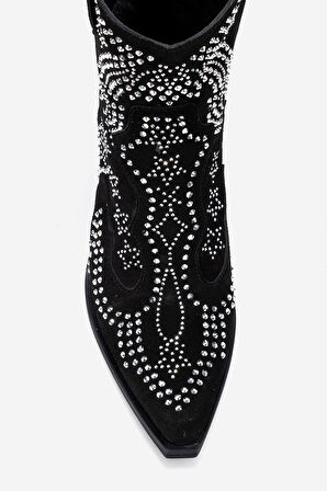 DERİCLUB Kadın Taşlı Kalın Taban Western Bot Gerçek Süet Deri ZY 1610 SİYAH