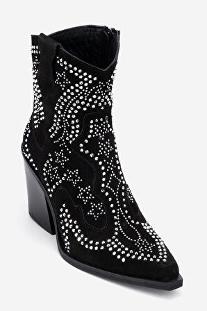 DERİCLUB Kadın Taşlı Kalın Taban Western Bot Gerçek Süet Deri ZY 1610 SİYAH