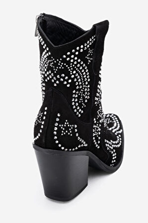 DERİCLUB Kadın Taşlı Kalın Taban Western Bot Gerçek Süet Deri ZY 1610 SİYAH