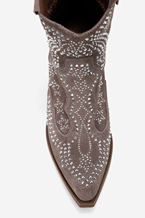 DERİCLUB Kadın Taşlı Kalın Taban Western Bot Gerçek Süet Deri ZY 1610 VİZON