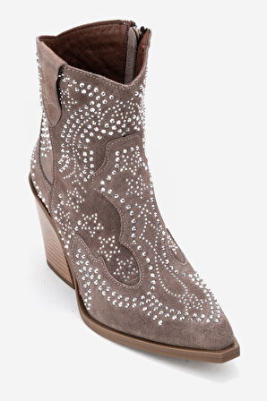 DERİCLUB Kadın Taşlı Kalın Taban Western Bot Gerçek Süet Deri ZY 1610 VİZON