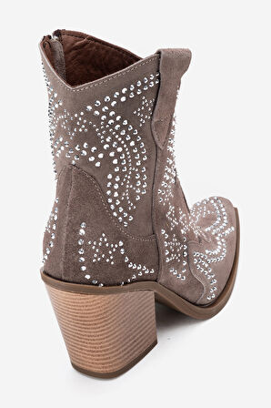 DERİCLUB Kadın Taşlı Kalın Taban Western Bot Gerçek Süet Deri ZY 1610 VİZON