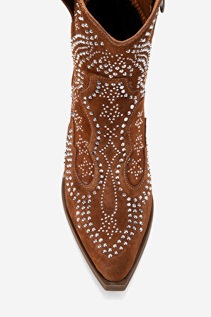 DERİCLUB Kadın Taşlı Kalın Taban Western Bot Gerçek Süet Deri ZY 1610 TABA