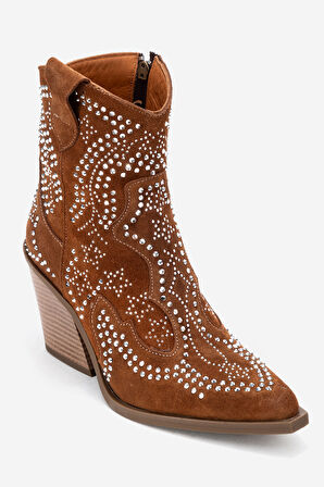 DERİCLUB Kadın Taşlı Kalın Taban Western Bot Gerçek Süet Deri ZY 1610 TABA