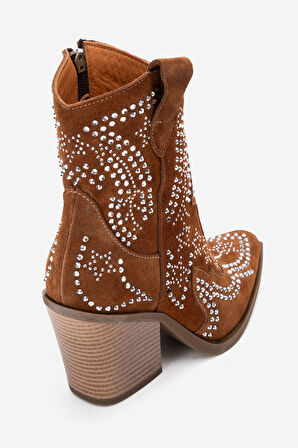 DERİCLUB Kadın Taşlı Kalın Taban Western Bot Gerçek Süet Deri ZY 1610 TABA