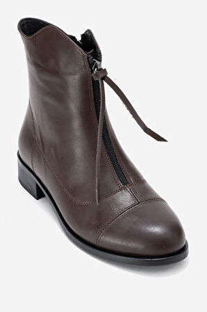 DERİCLUB Kadın Fermuarlı Düz Topuk Bot Gerçek Deri RC 323 KAHVERENGİ