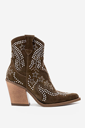 DERİCLUB Kadın Taşlı Kalın Taban Western Bot Gerçek Süet Deri ZY 1610 HAKİ