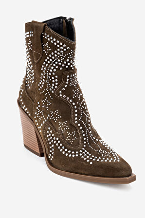 DERİCLUB Kadın Taşlı Kalın Taban Western Bot Gerçek Süet Deri ZY 1610 HAKİ