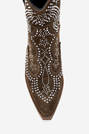 DERİCLUB Kadın Taşlı Kalın Taban Western Bot Gerçek Süet Deri ZY 1610 HAKİ