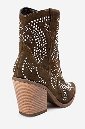 DERİCLUB Kadın Taşlı Kalın Taban Western Bot Gerçek Süet Deri ZY 1610 HAKİ