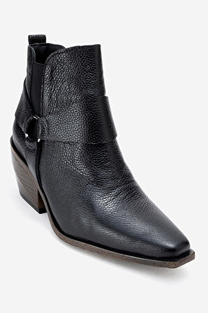 DERİCLUB Kadın Sivri Burun Western Kısa Topuklu Bilek Bot Gerçek Deri ZY 1563 SİYAH