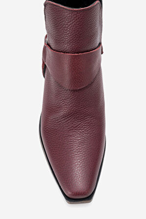 DERİCLUB Kadın Sivri Burun Western Kısa Topuklu Bilek Bot Gerçek Deri ZY 1563 BORDO