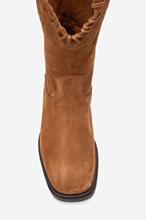 DERİCLUB Kadın Vintage Kısa Topuk Kovboy Çizme Gerçek Süet Deri RG 3521 TÜTÜN