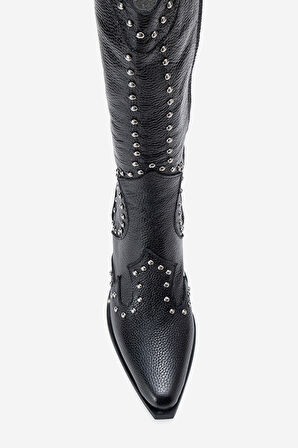 DERİCLUB Kadın Yüksek Topuk Sivri Burun Çizme Gerçek Deri ZY 1608 SİYAH