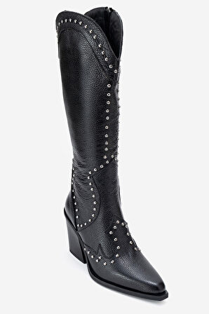 DERİCLUB Kadın Yüksek Topuk Sivri Burun Çizme Gerçek Deri ZY 1608 SİYAH