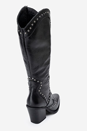 DERİCLUB Kadın Yüksek Topuk Sivri Burun Çizme Gerçek Deri ZY 1608 SİYAH