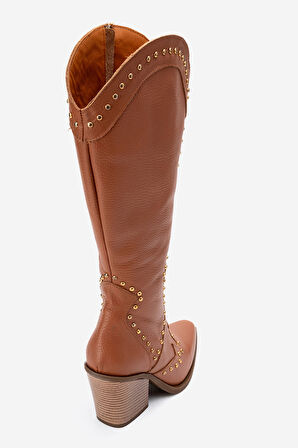 DERİCLUB Kadın Yüksek Topuk Sivri Burun Çizme Gerçek Deri ZY 1608 TABA