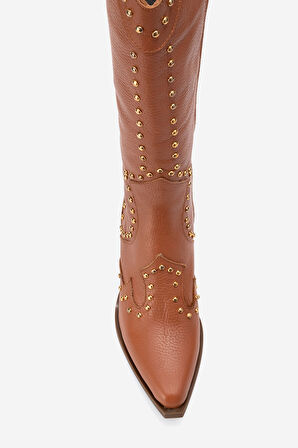 DERİCLUB Kadın Yüksek Topuk Sivri Burun Çizme Gerçek Deri ZY 1608 TABA