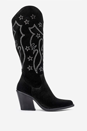 DERİCLUB Kadın Yüksek Topuk Sivri Burun Çizme Gerçek Süet Deri ZY 1609 SİYAH